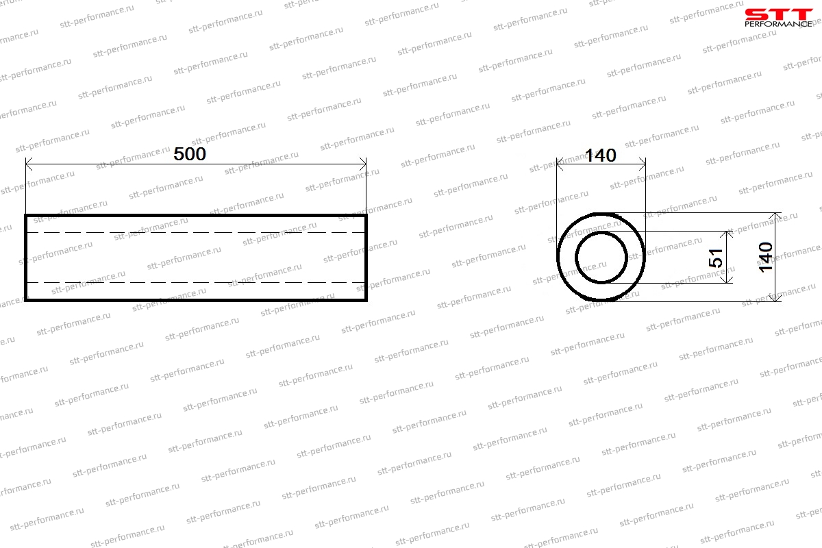 Глушитель Ø51мм универсальный прямоточный круглый Stt-performance 500мм (нержавеющая сталь)