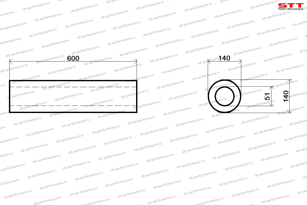 Глушитель Ø51мм универсальный прямоточный круглый Stt-performance 600мм (нержавеющая сталь)