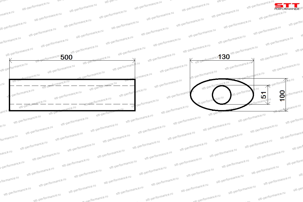 Резонатор Ø51мм универсальный прямоточный овальный 500мм Stt-performance (нержавеющая сталь)